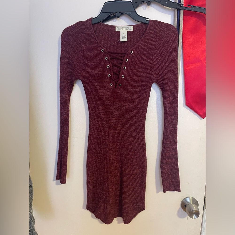 Cross tie front burgundy dress